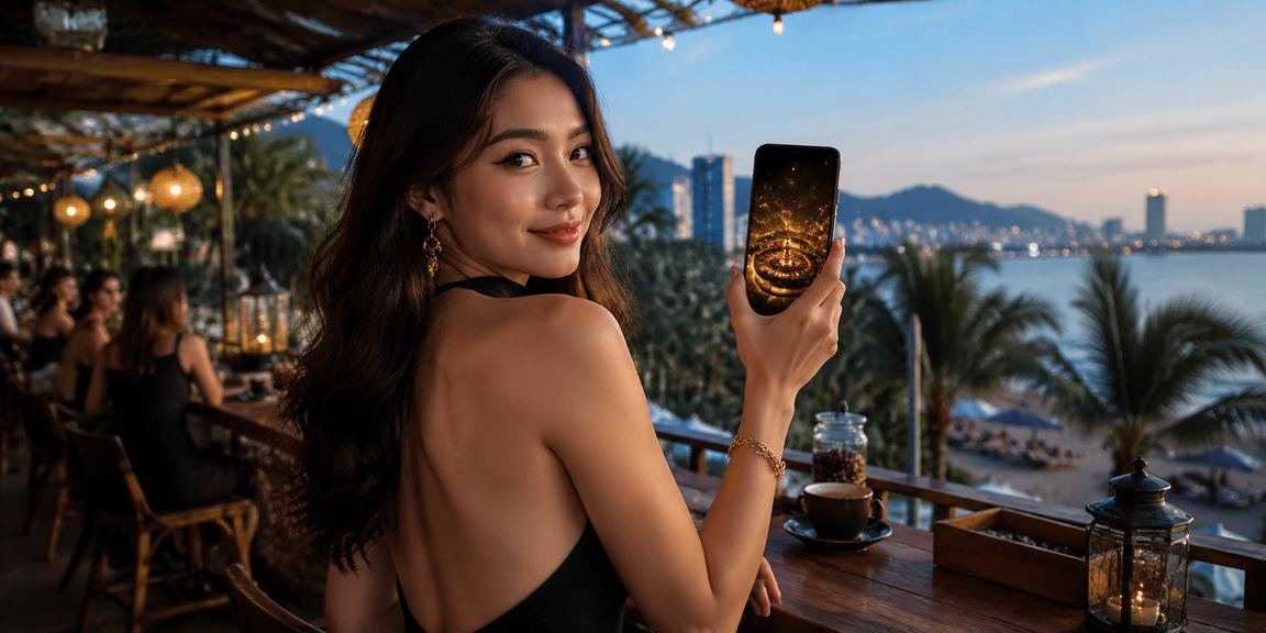 Người dùng Hà Nội truy cập bancah5 trên điện thoại tại quán cà phê buổi sáng